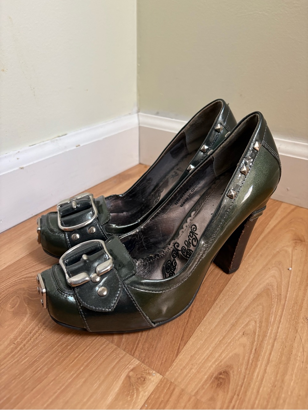 naughty monkey Dark Green Patent Studded Buckle Pumps